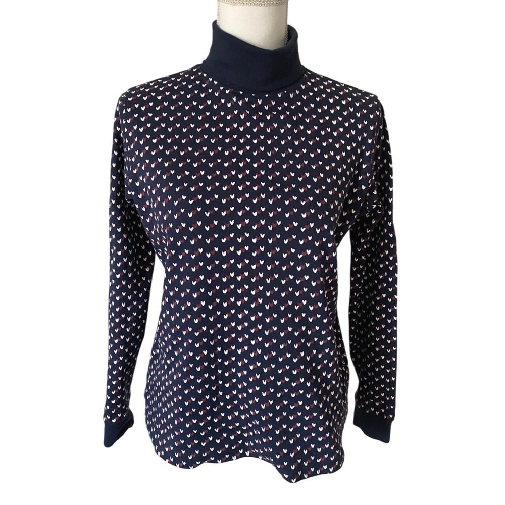 L.L. Bean Turtleneck Base Layer Women Large Tall Blue Heart Print Cotton Top